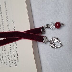 Handmade Dark Red Velvet Ribbon Beaded Bookmark Angel Wings Silver Charm